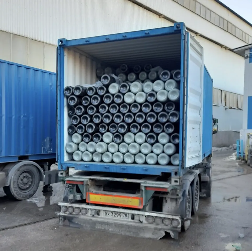Полный контейнер газовых стальных новых водородных баллонов 350 шт. 50 л  200 бар без вентиля ТР ТС 032 горловина E25